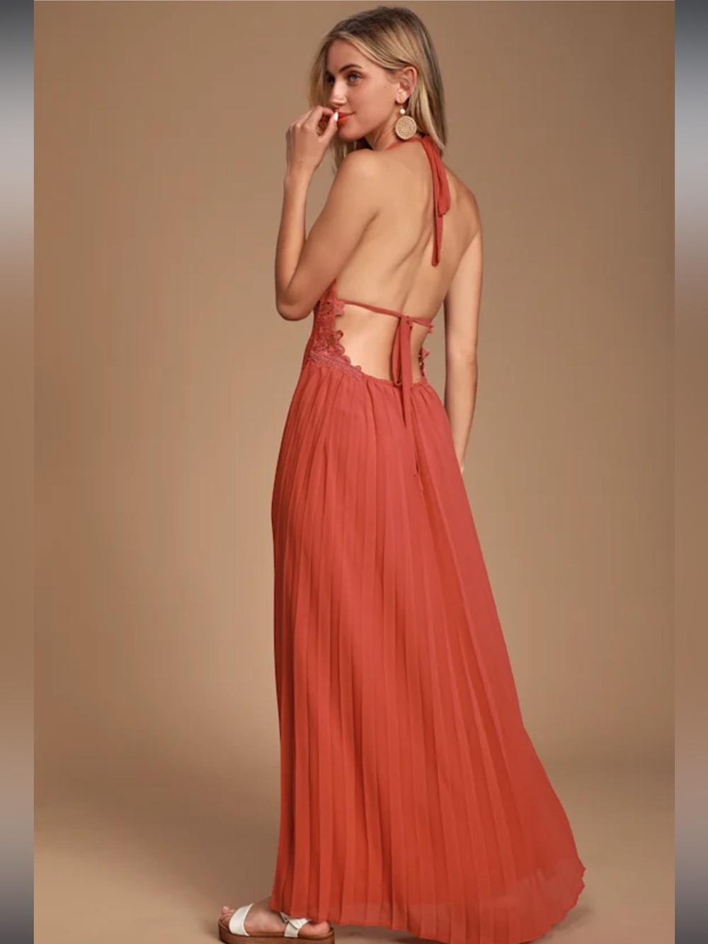 Lulu's Pleated Halter Maxi Dress in Terracotta - Picture 2 of 13